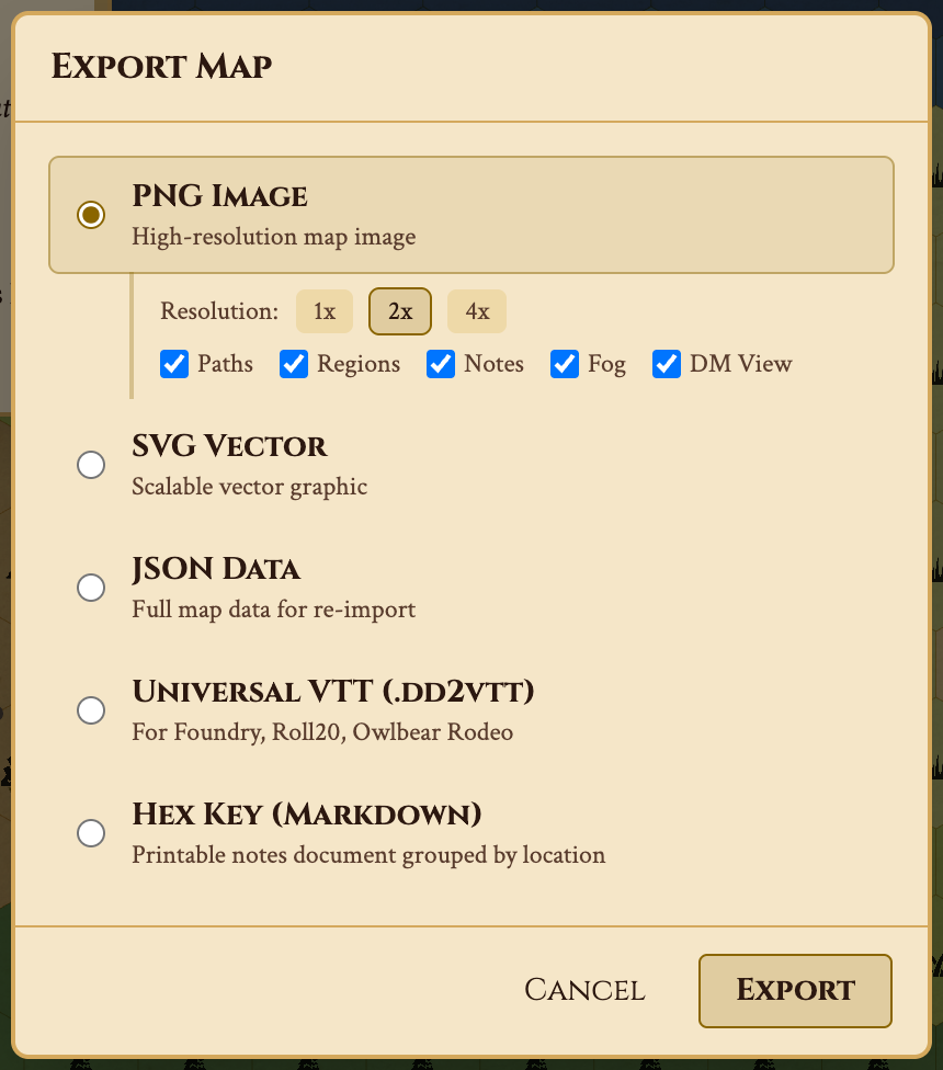 Export dialog showing PNG, SVG, JSON, Universal VTT, and Hex Key format options