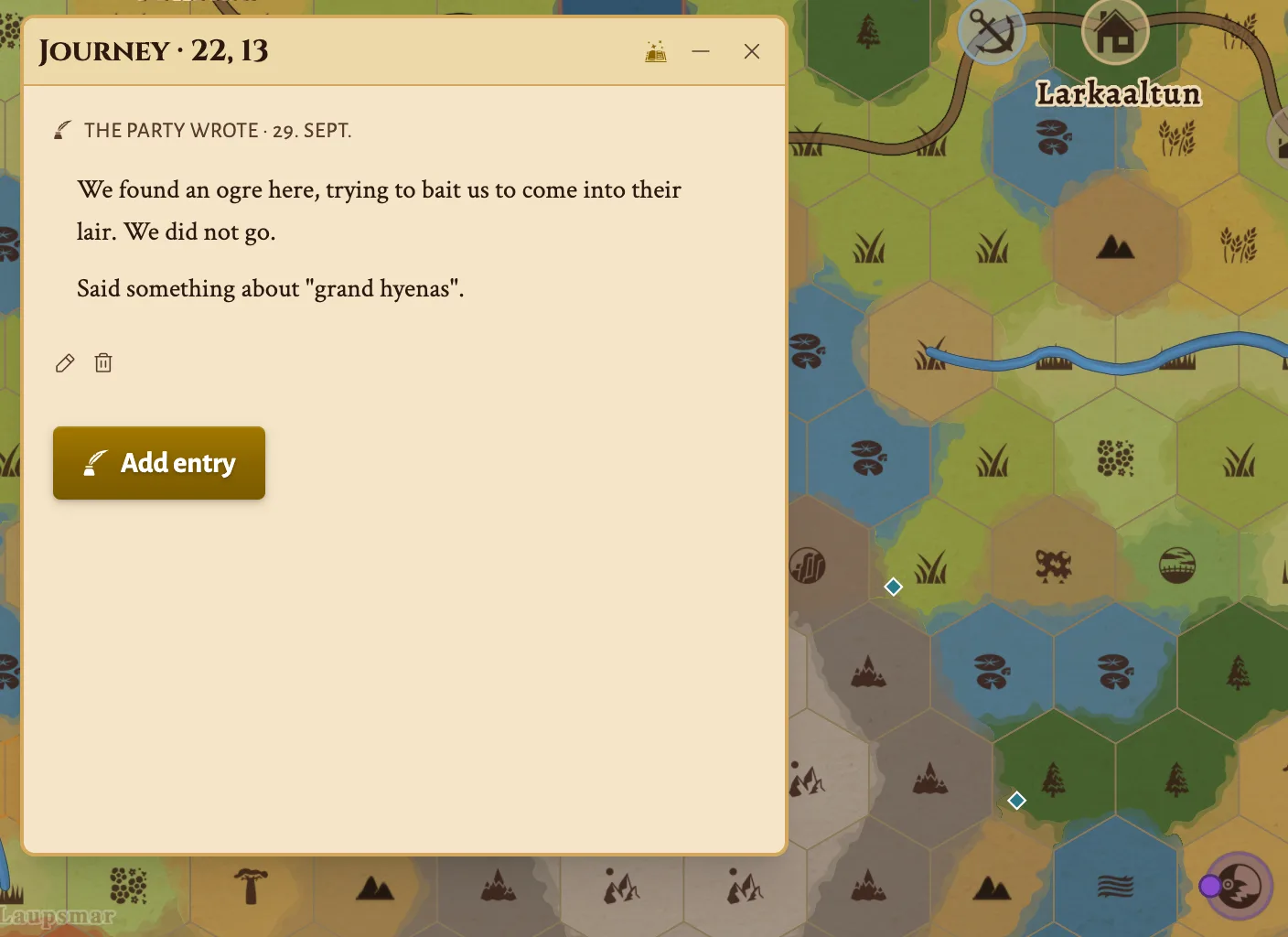 A player journal window open on a hex of a shared map, showing an entry the party wrote about an ogre