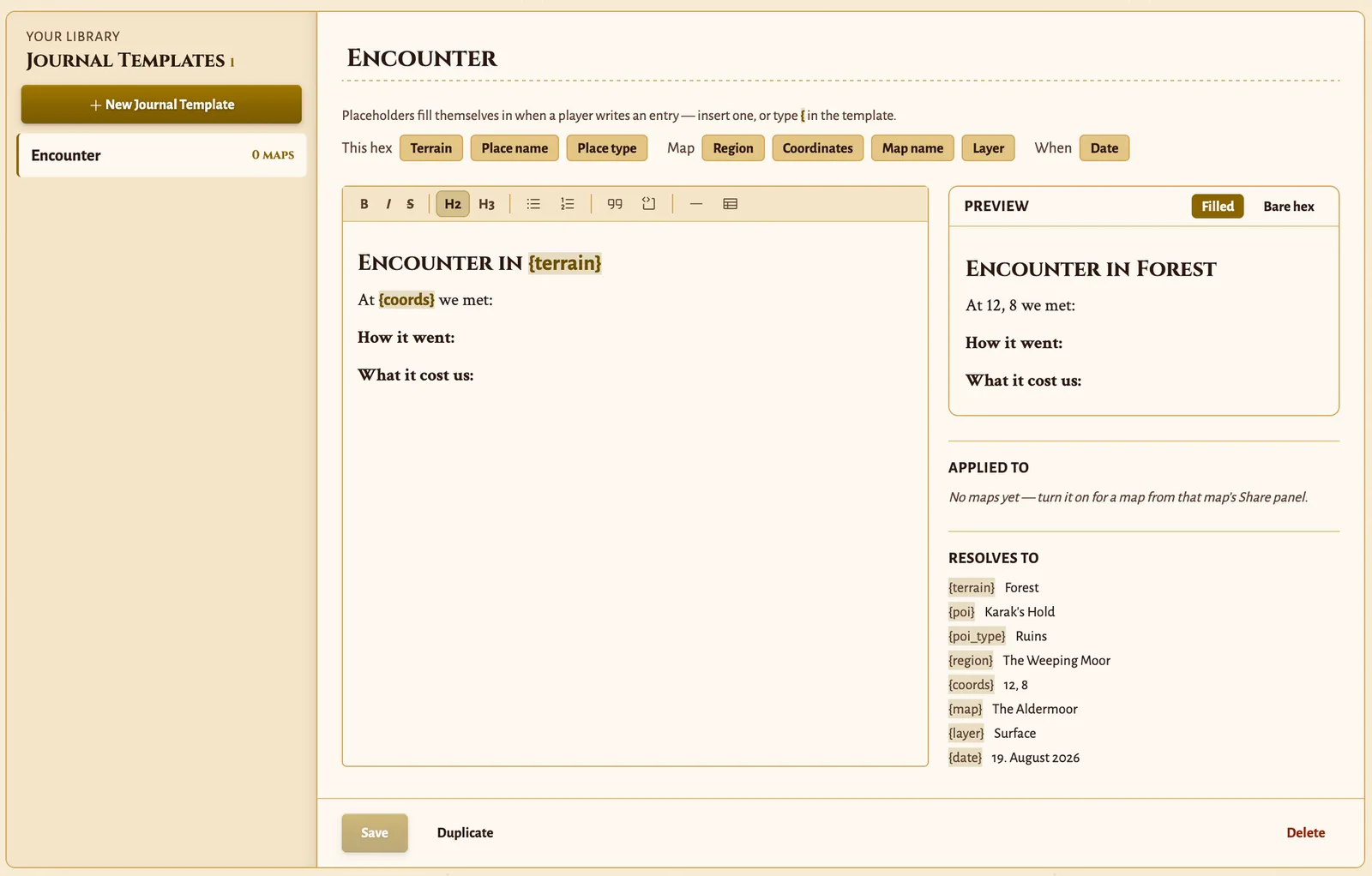 The journal template editor with placeholder buttons, an Encounter template, and a live preview filling in the terrain and coordinates