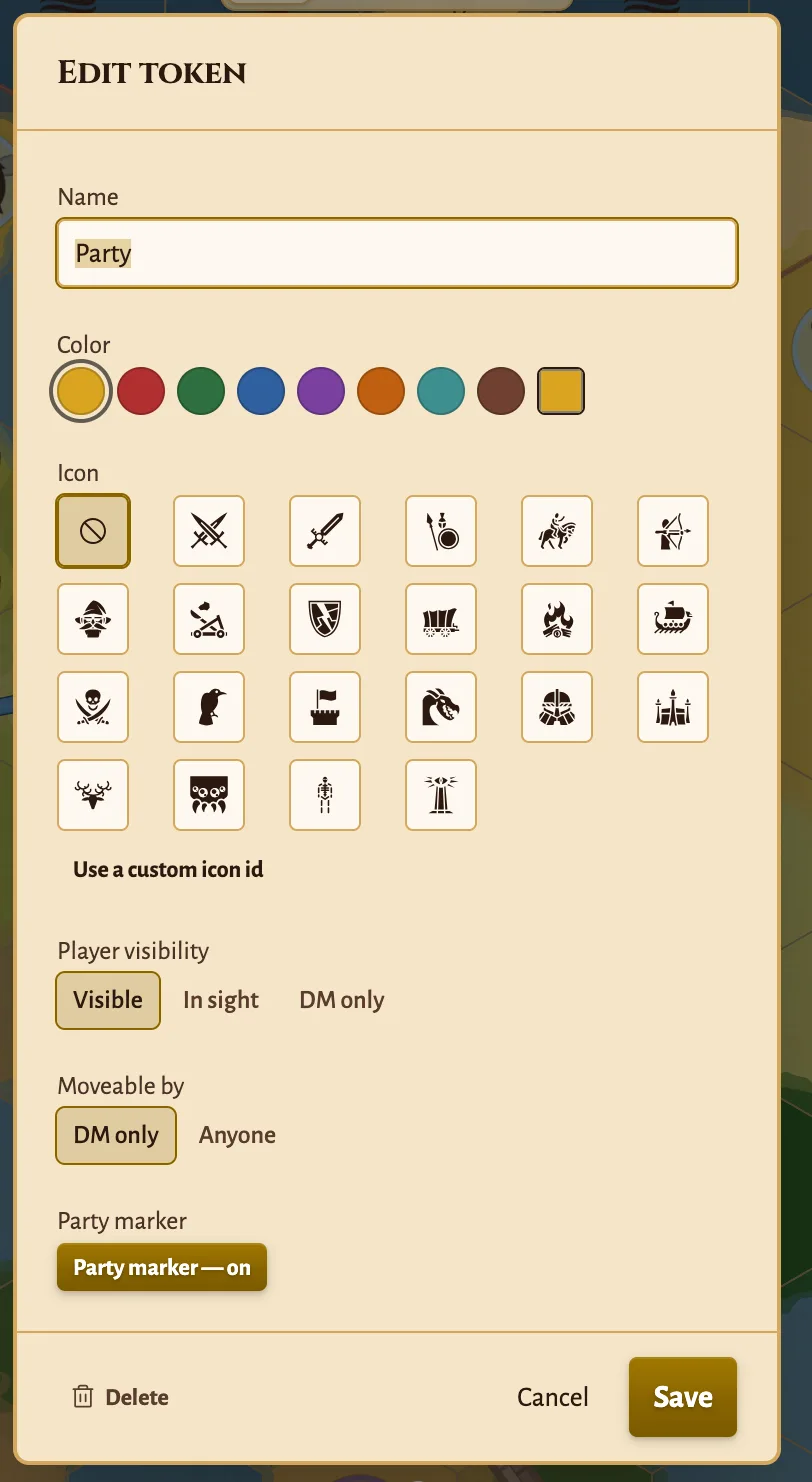 The token editor: name, faction colour, icon grid, player visibility (Visible, In sight, DM only), who can move it, and the party marker switch