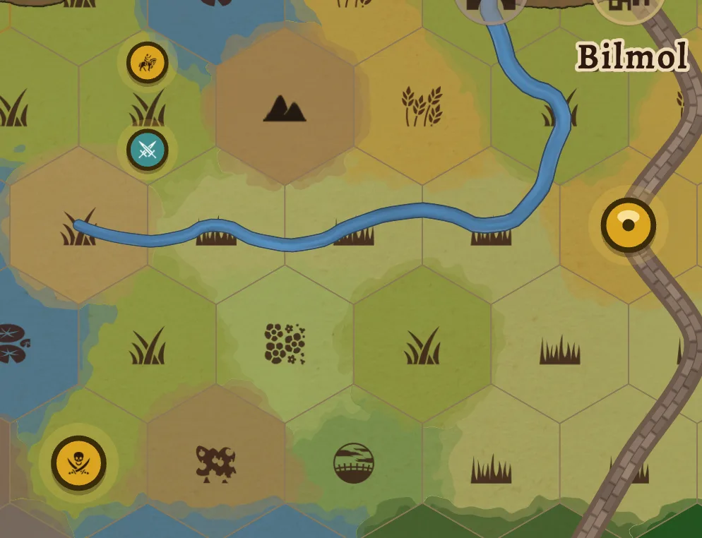 Faction tokens with icons on a hex map beside a river and a road, with the gold party marker on the road