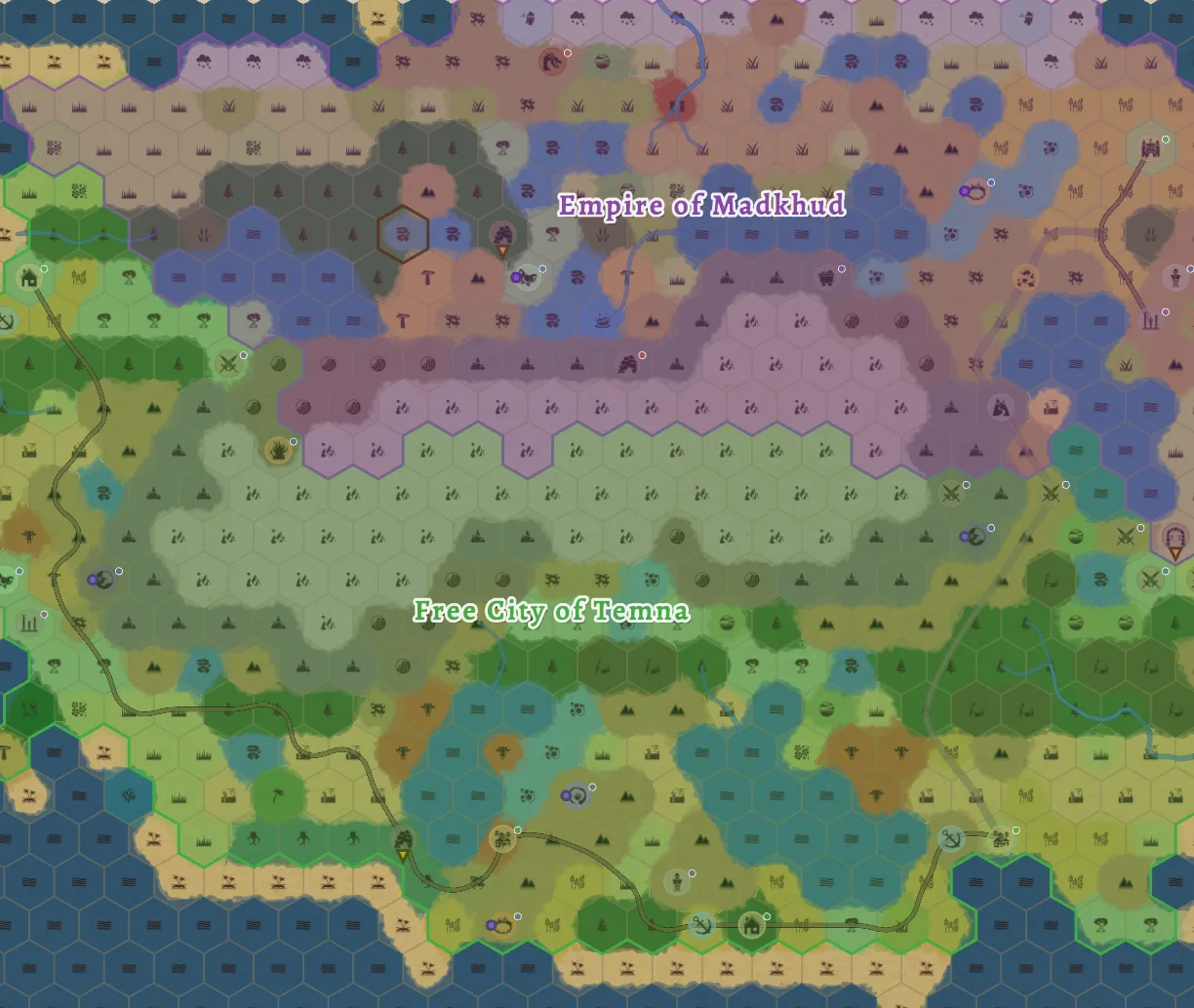 Two generated realms, the Empire of Madkhud and the Free City of Temna, drawn as bordered regions over mountains, forests and farmland, with a road along the coast
