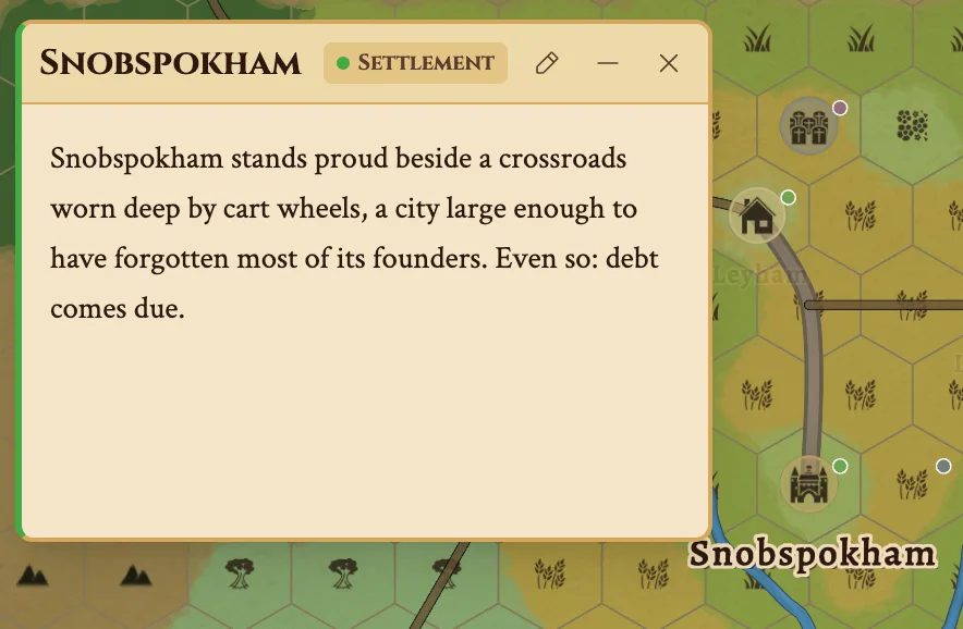 A DM note open beside a generated city on the map, describing the city and a trouble it faces