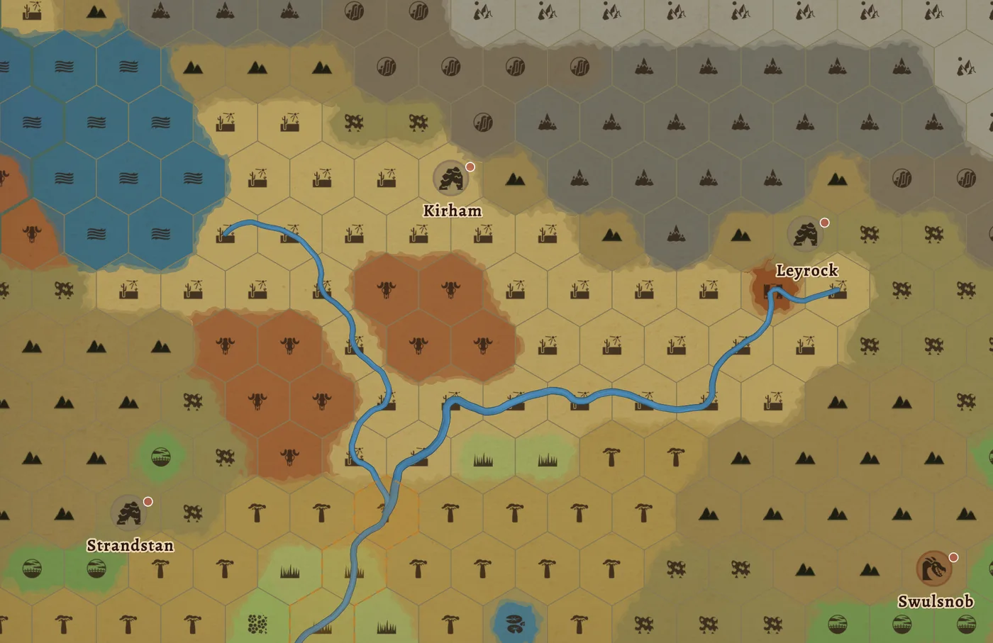 Close-up of a generated hex map: a grey mountain range, badlands and savanna, and two rivers joining into one