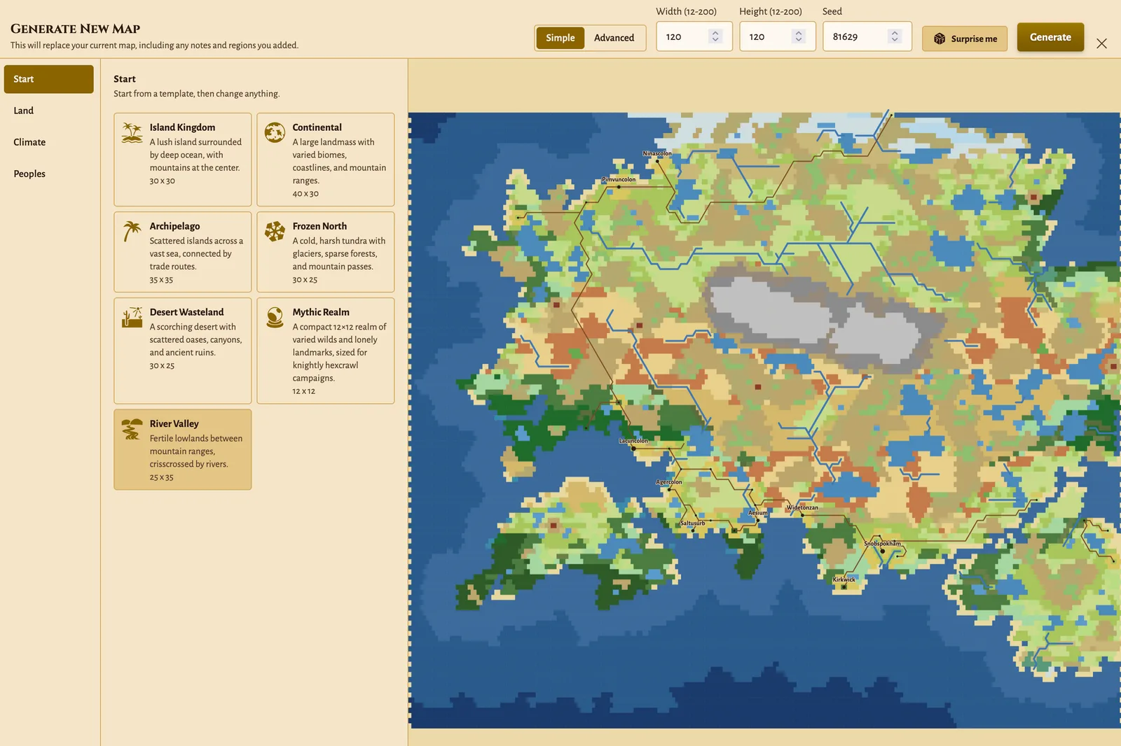 The Generate workspace with template cards on the left and a live preview of a continent with rivers, roads and town names