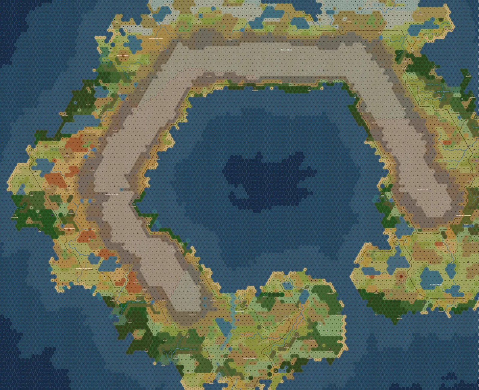 A generated hex world: an inner sea ringed by mountain ranges, with forests, lakes, rivers, roads and named towns on the land around it