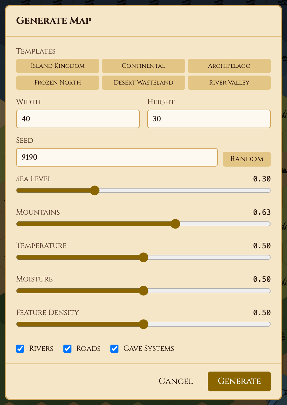 Procedural world generation with template presets