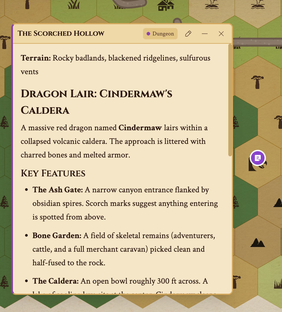Hex map with a DM note popup showing encounter details and rich text formatting
