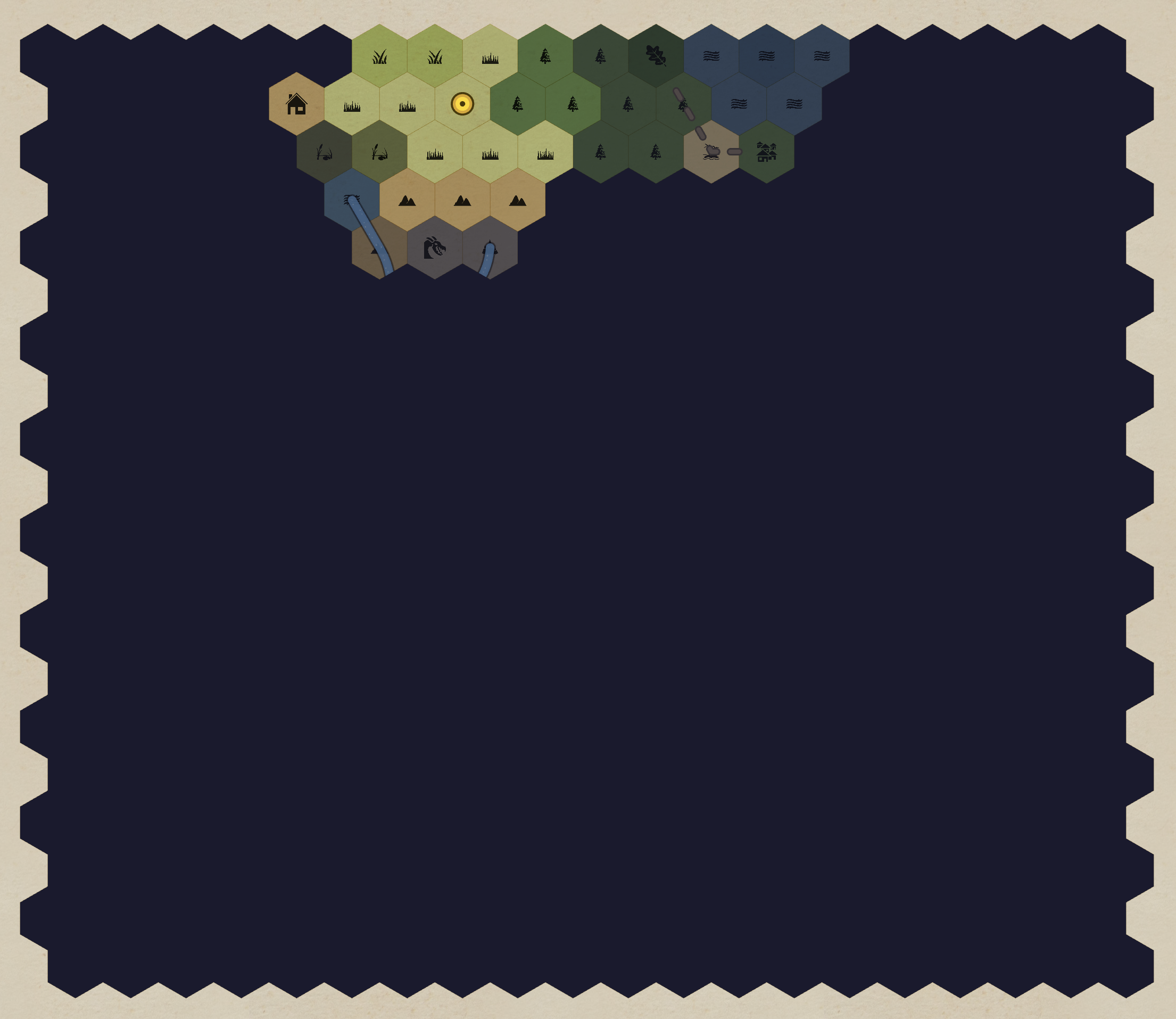 Player view of a shared hex map showing fog of war, revealed terrain around the party marker, and live cursors