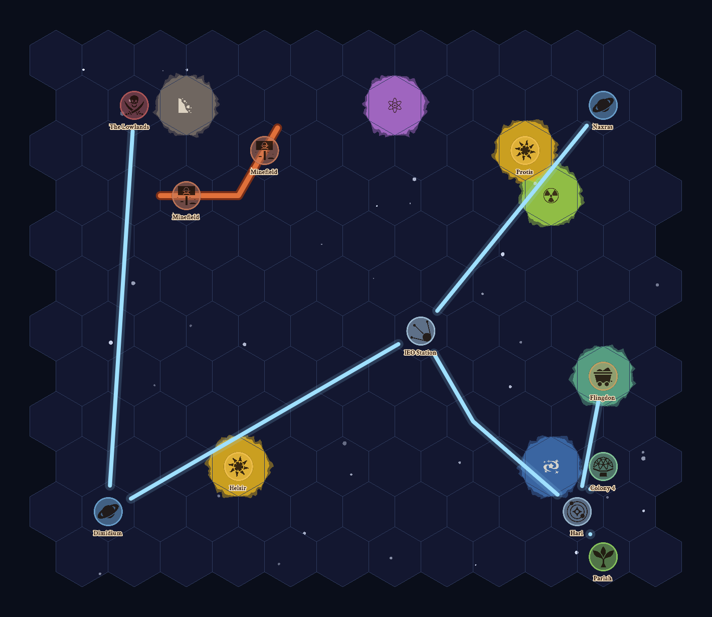 A space hexcrawl sector map built in Hexer with planets, nebulae, stations, and cyan jump routes connecting star systems