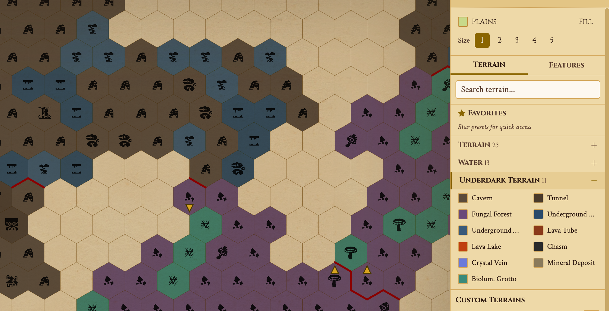 Underdark hex map layers showing caverns, fungal forests, and lava tubes across four depth levels